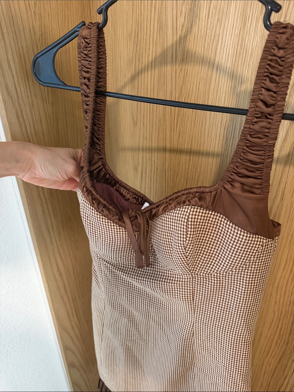 Astr Brown Checked Slip Dress with Ruched Straps & Pleated Hem - Picture 3 of 6